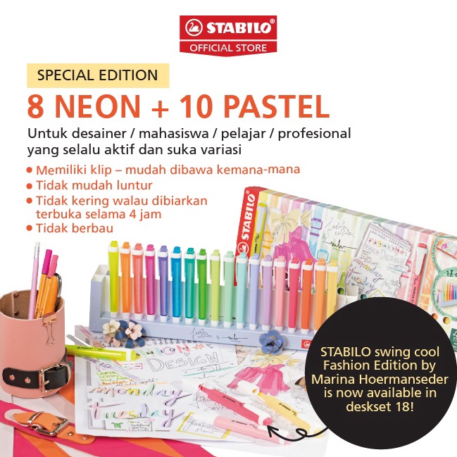 

STABILO swing cool Pastel Highlighter Deskset 18 Penanda Tulisan Warna Warni Tahan Lama Cepat Kering Set 1 Tidak Bau FREE Brush Rancangan Designer KODE E5X1