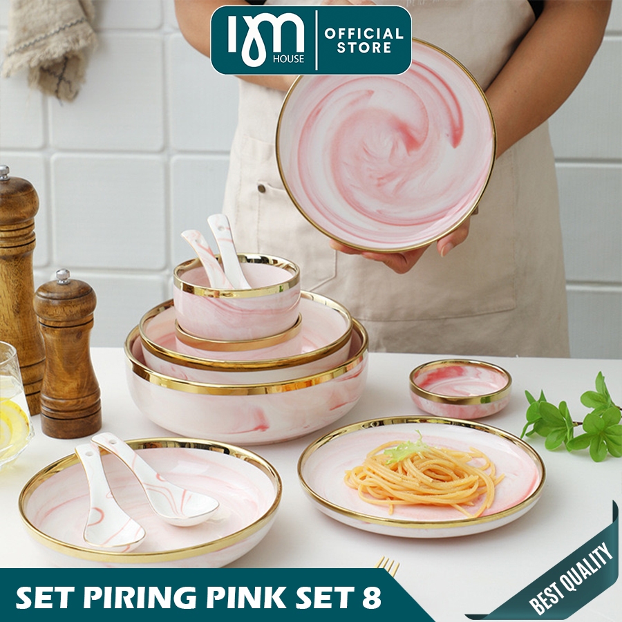 INMINDHOUSE - Piring Makan Keramik Pink List Gold / Mangkuk Keramik Pink Gold Elegan Piring Sultan
