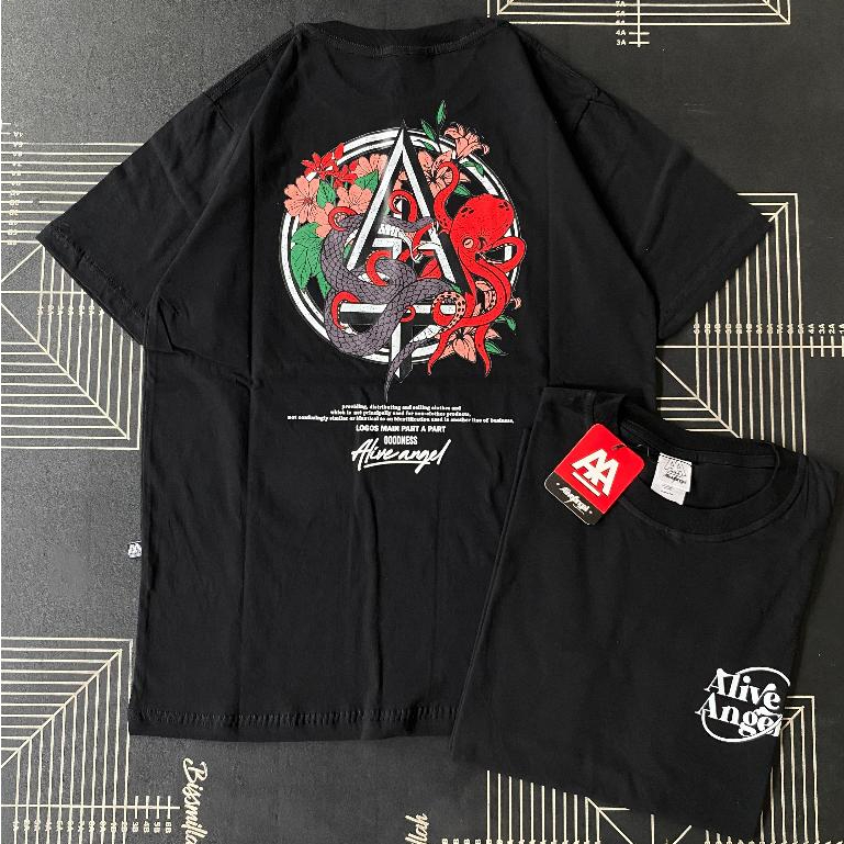 T-shirt Octopuse And Flower Streetwear Black Tee Short Slevee Bootleg / Kaos Distro Pria & Wanita Hi