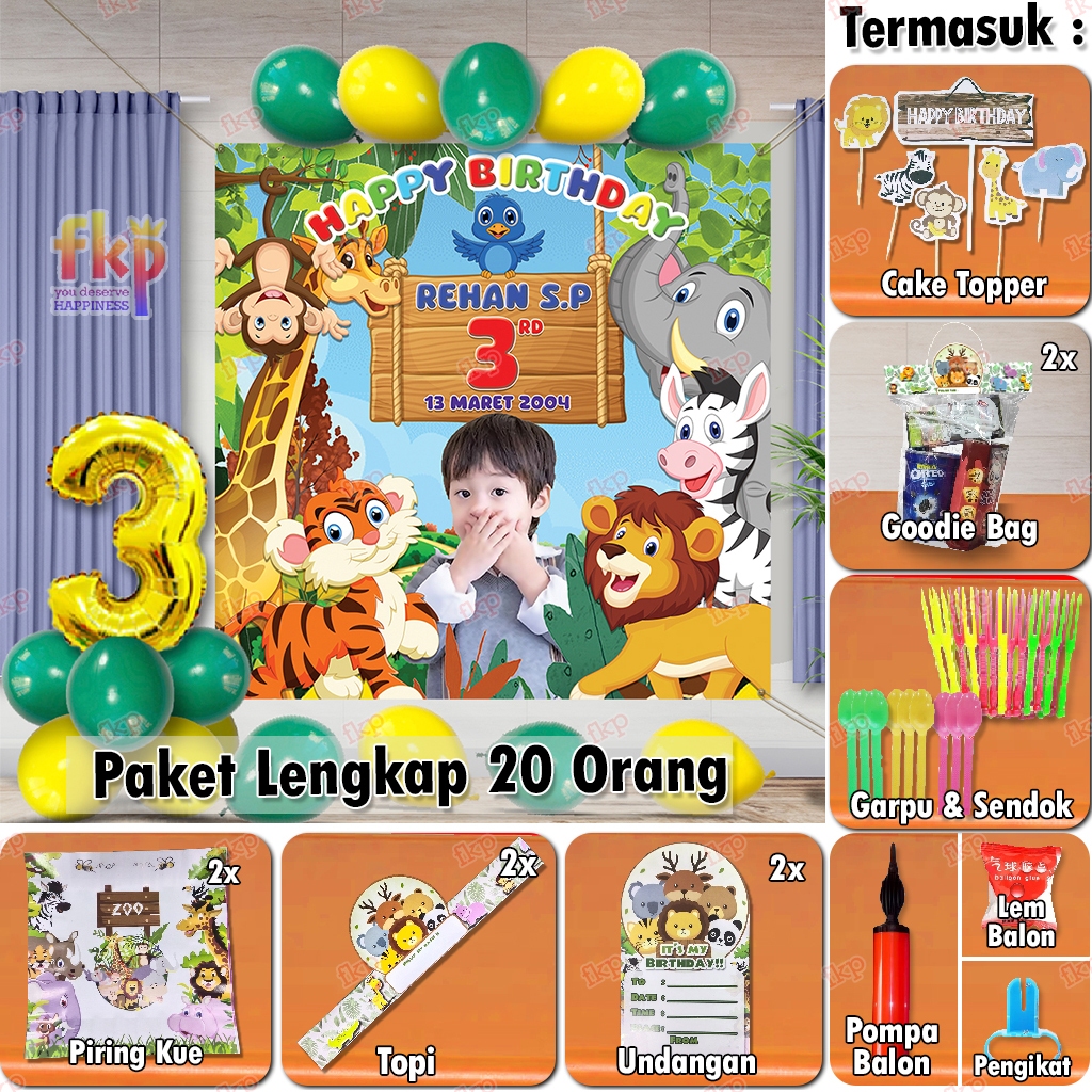 Fun Kids Party Set dekorasi balon & spanduk Tema karakter acara 20 orang / Animal Junggle / Pororo /