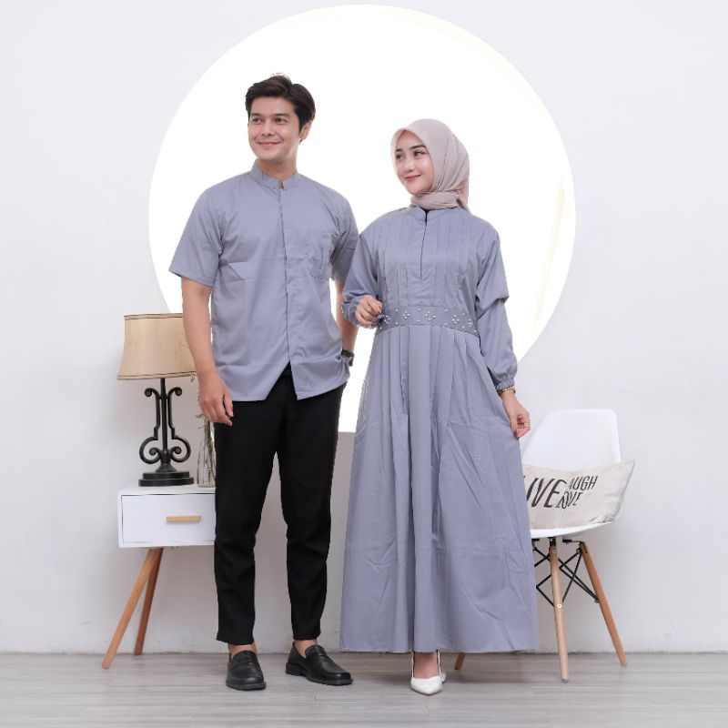 Baju muslim couple atasan cowok kemeja cewek gamis// gamis couple terbaru terlaris