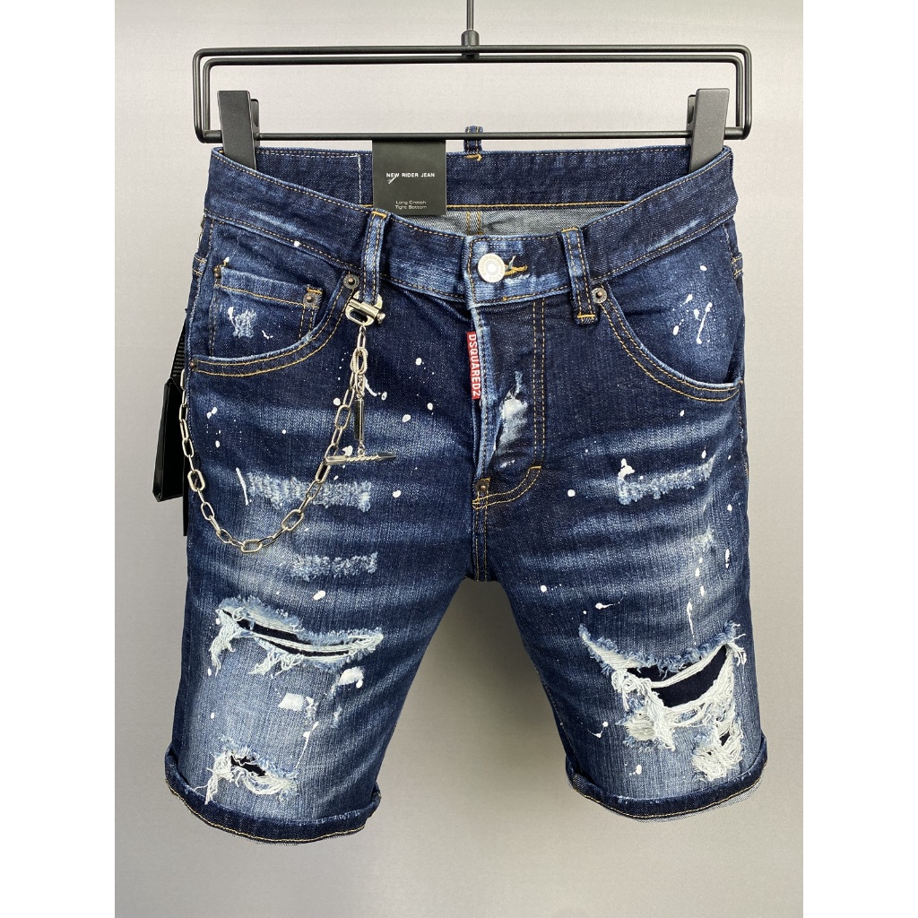 DSQUARED2 Celana jeans cipratan cat lubang robek klasik lipit tertekan retro celana pendek kasual me