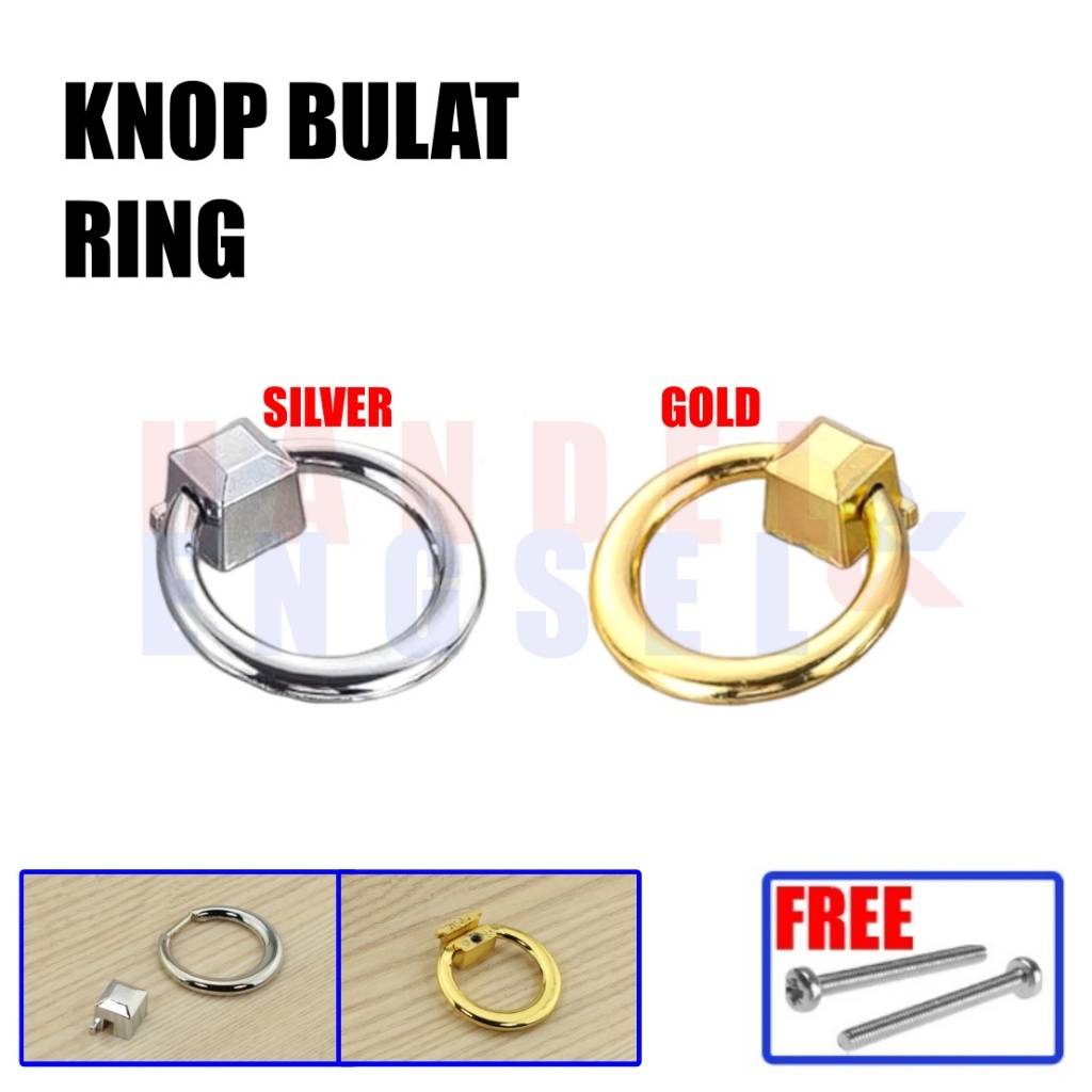Knob Knop Ring Bulat Gold & Silver / Tarikan Laci Lemari Ring / Gagang Tarikan Cincin Pegangan Pintu