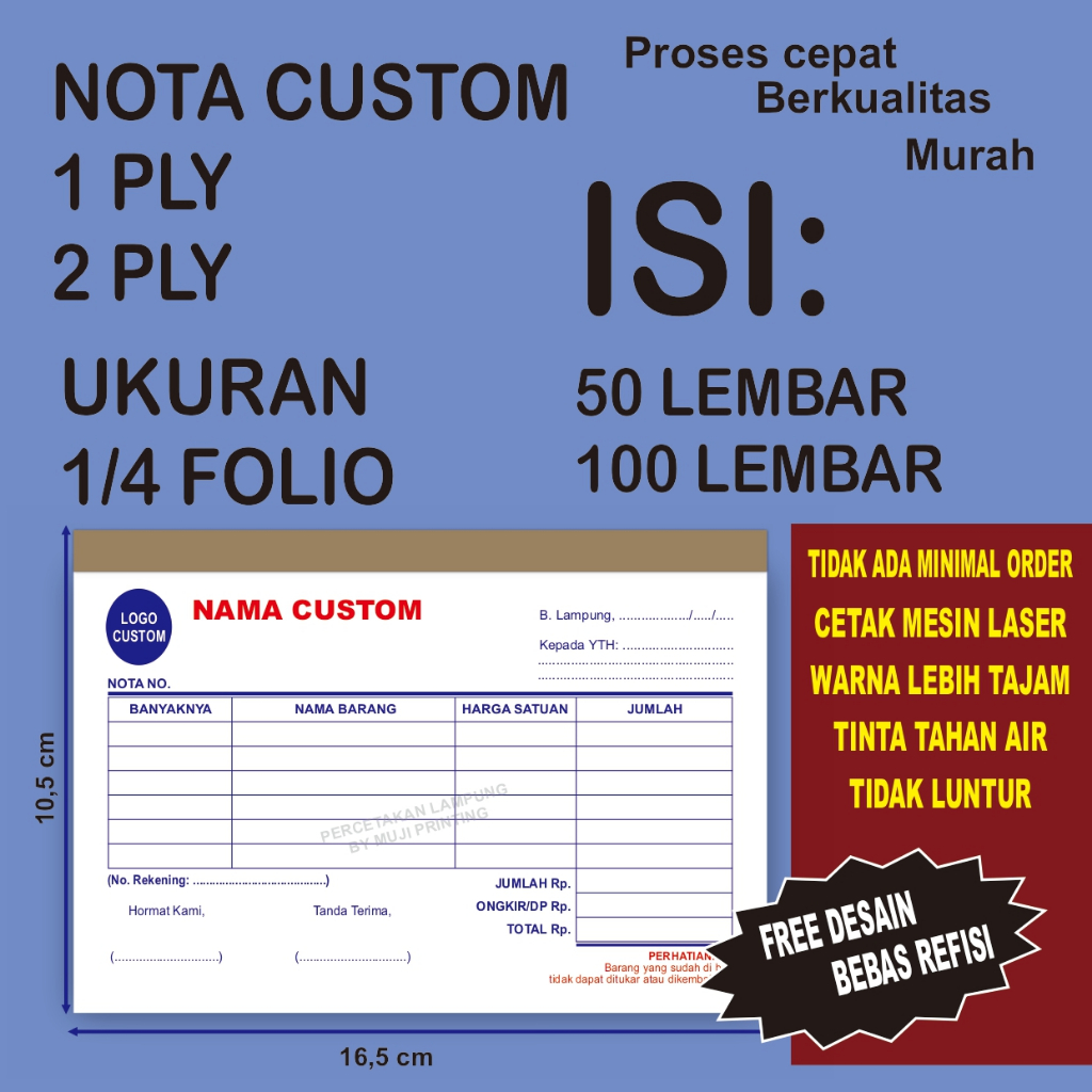 

NOTA CUSTOM 1/3 FOLIO, 1 PLY BAHAN NCR