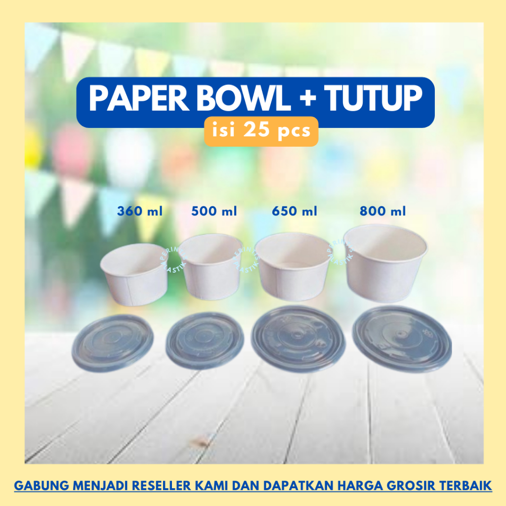 Paper Bowl + Tutup @25pcs/Paper Bowl 360 500 650 800ml/Mangkok Sop