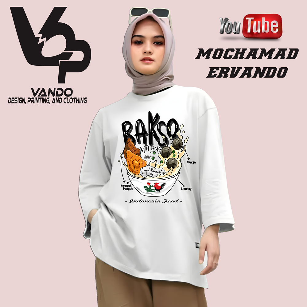 Kaos Pria Distro Lengan Panjang Bakso Malang Makanan Indonesia Putih Original