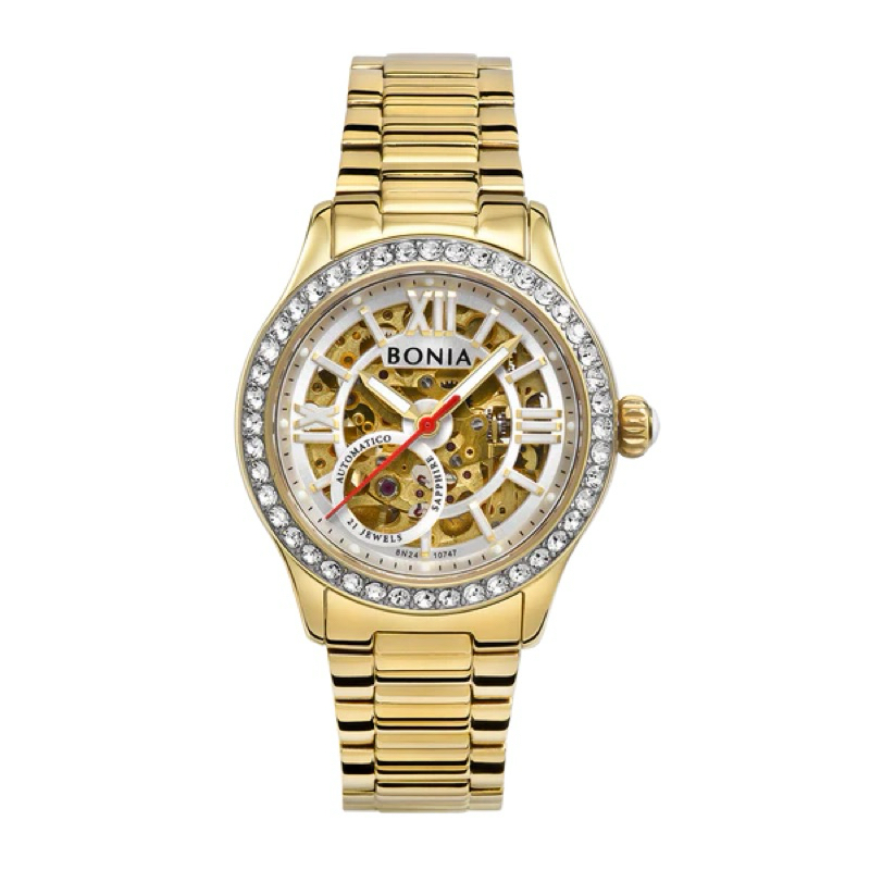 [FREE WINDER BONIA] Jam Tangan Wanita Bonia Automatic BP10747-2213S Skeleton Original Stainless Steel Sapphire Crystal Crystal Glass Kaca Anti Gores Original / Jam Tangan Cewek Bonia Original Gold Emas / Jam Tangan Kotak Mewah Mata / Women Watch Bonia