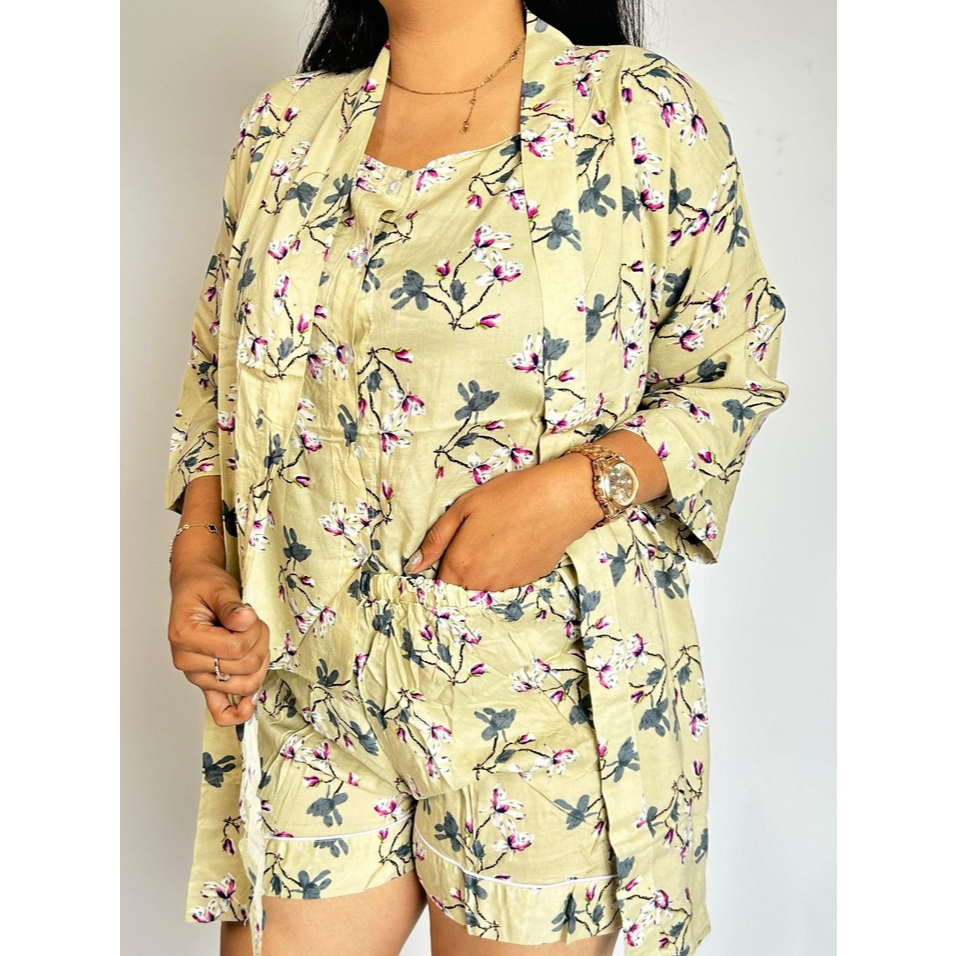 Kimono Rayon Wanita Motif Bunga 3IN1 (Tanktop, Celana, Outer)