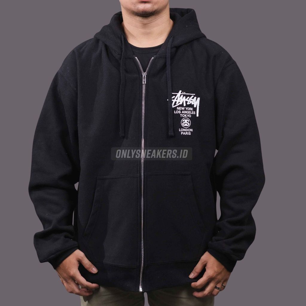 STUSSY WORLD TOUR ZIP HOODIE BLACK