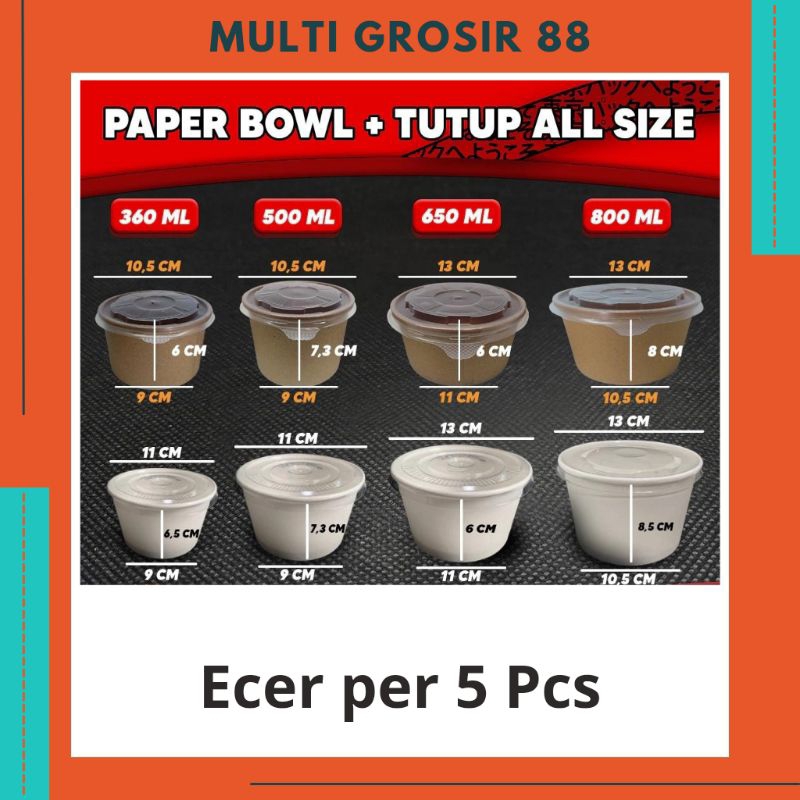MG88 (ECER) 5 Pcs Paper Bowl / Mangkok Kertas / Rice Bowl Paper 360ml 500ml 650ml 800ml Plus Tutup d