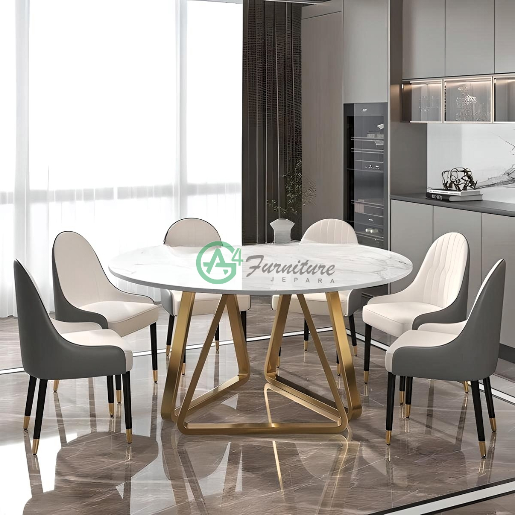 Set Meja Makan Marmer Bundar 6 Kursi Mewah