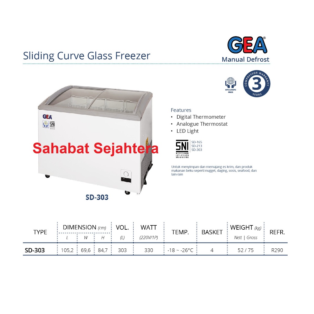 GEA Sliding Curve Glass Freezer SD-303 Freezer Sliding Kaca
