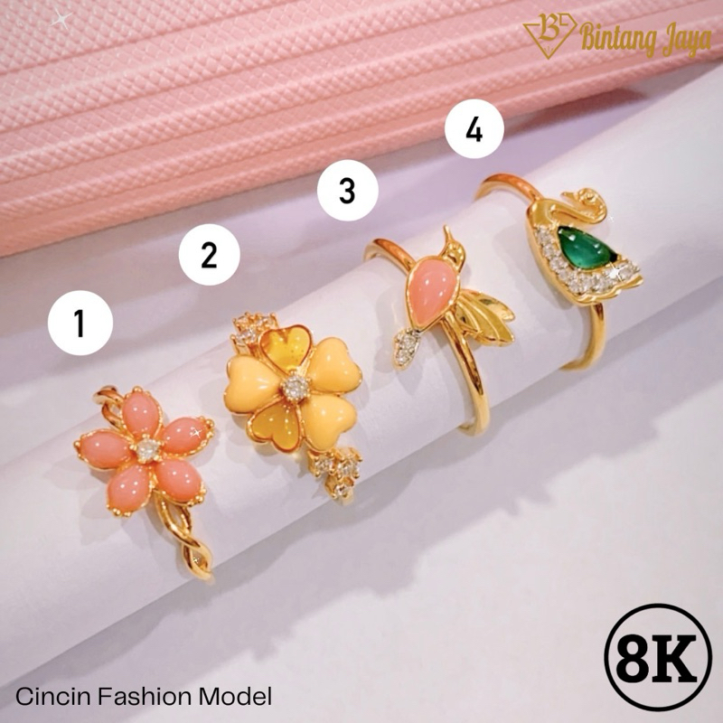 Cincin Set Fashion Aneka Model Bunga / Bird / Swan Warna Pastel by UBS - Yellowgold 8K