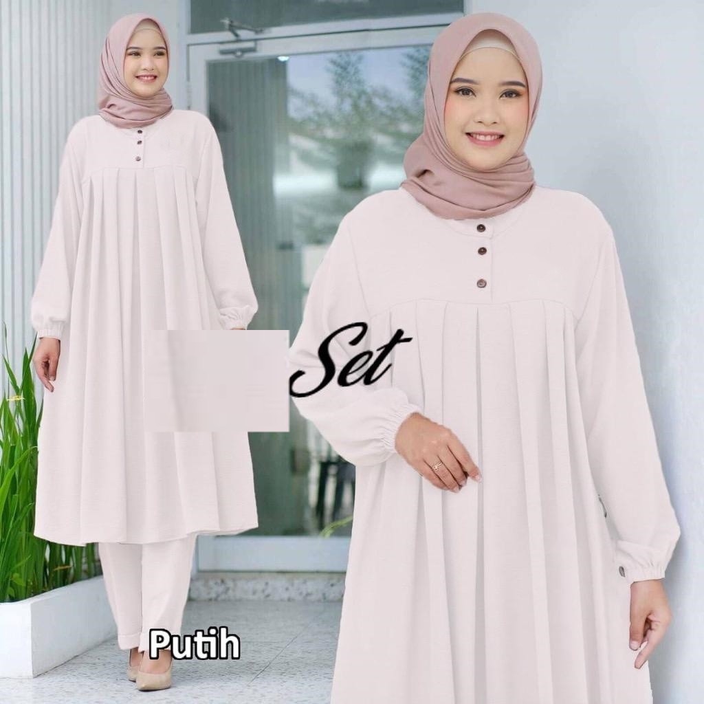 Long Setelan St Tunik Untuk Travelling Harian Kondangan Jumbo Putih Simpel LD 110 120 130 140 XL XXL