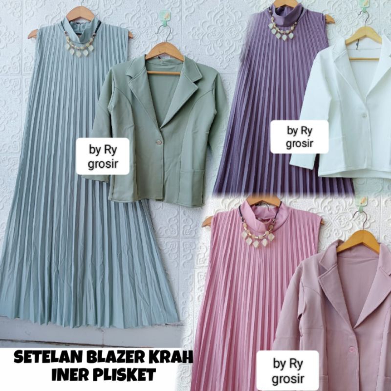 Setelan Wanita Blazer Krah + Iner Plisket Terbaru