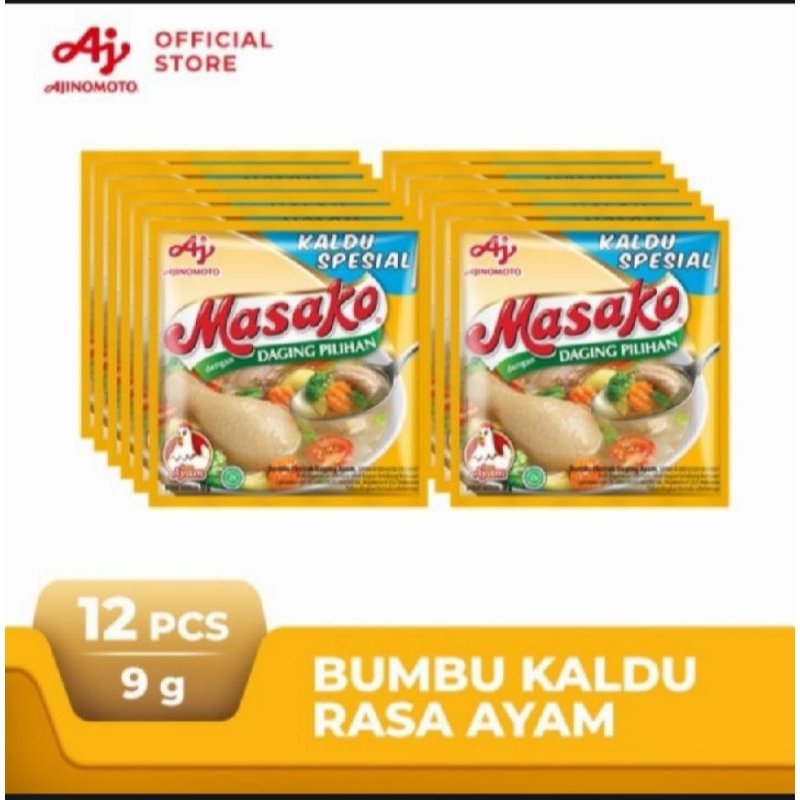 

Masako rasa ayam dan sapi 8 g 1 renceng 12 sachet