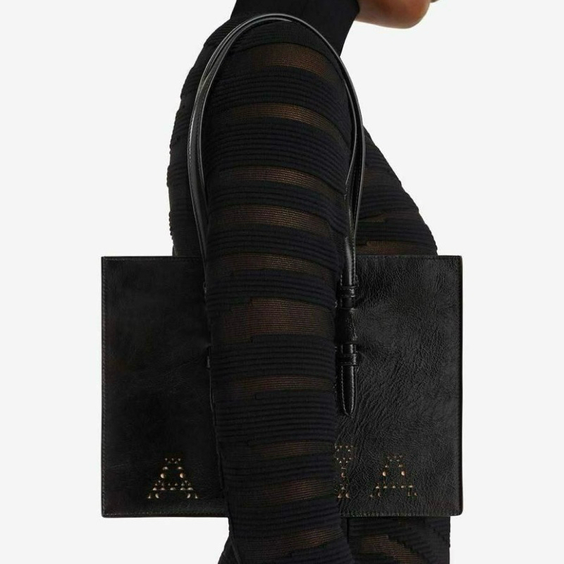 Original Alaia Mina Flat Small Logo Tote Bag in Calfskin Leather