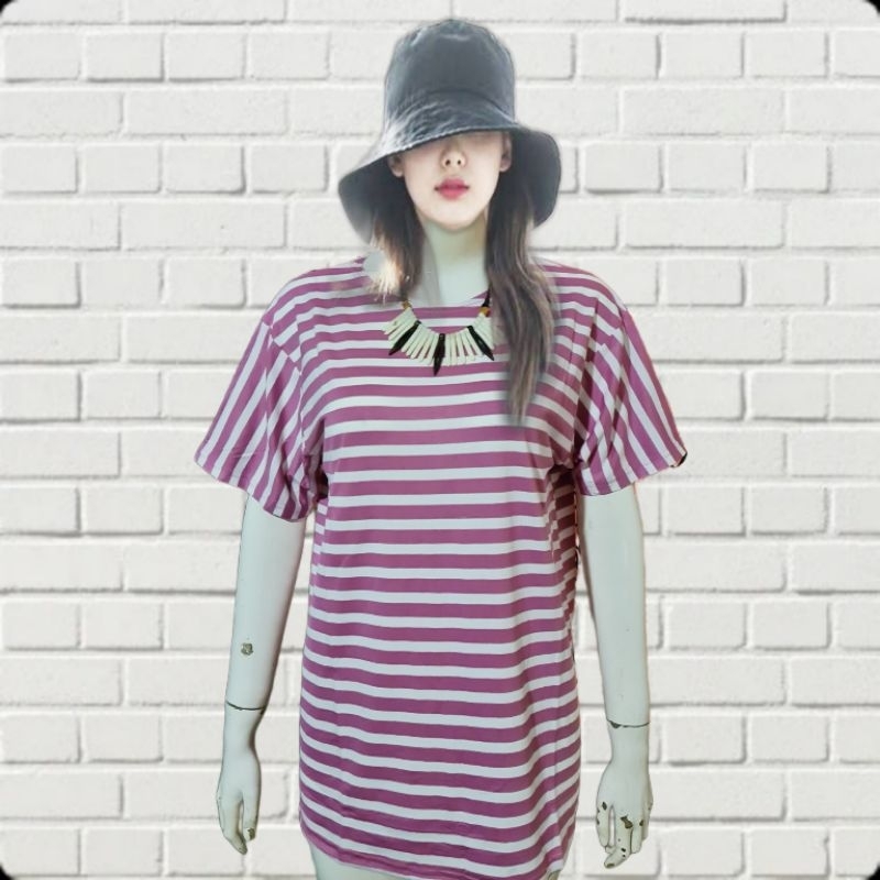 Kaos Jumbo Wanita Salur / Strip / Garis Garis Lengan Pendek Bahan Spandek Rayon Adem