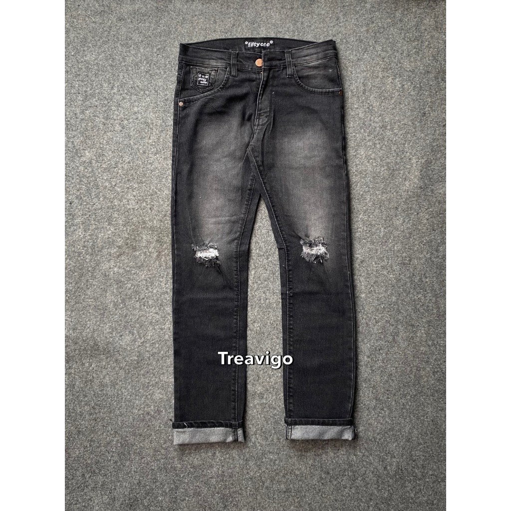 FIFTY ONE DENIM Celana Jeans Panjang Black Jass Sobek Pria Original Premium