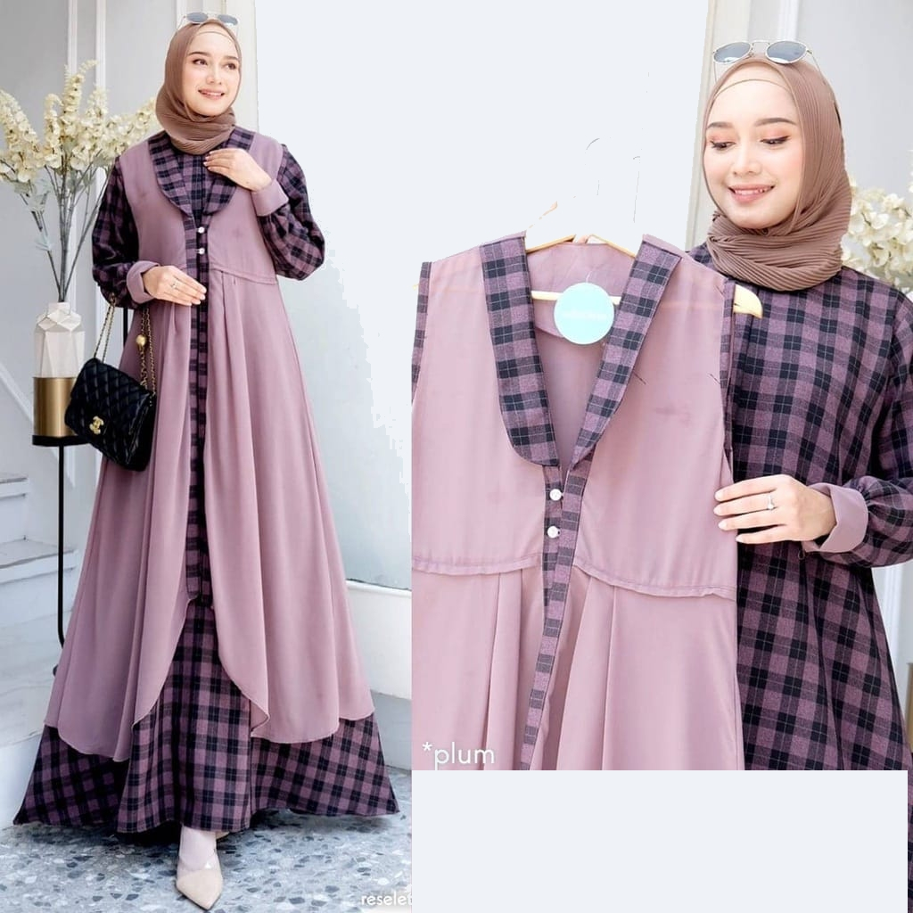 Gamis Set Batterrya Outer Ied Lebaran Super Jumbo LD 120 130 140 3XL 4XL 5L Kotak Kotak Modern Mewah
