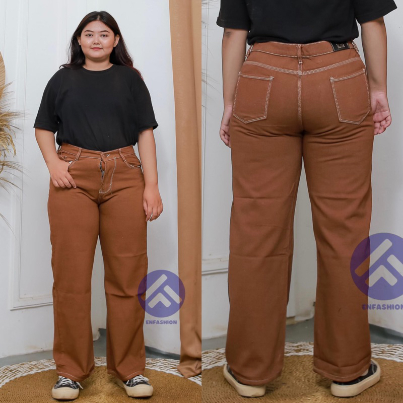Jumbo Highwaist Kulot Jeans Wanita Cream dan Chocolate Big Size 27-42