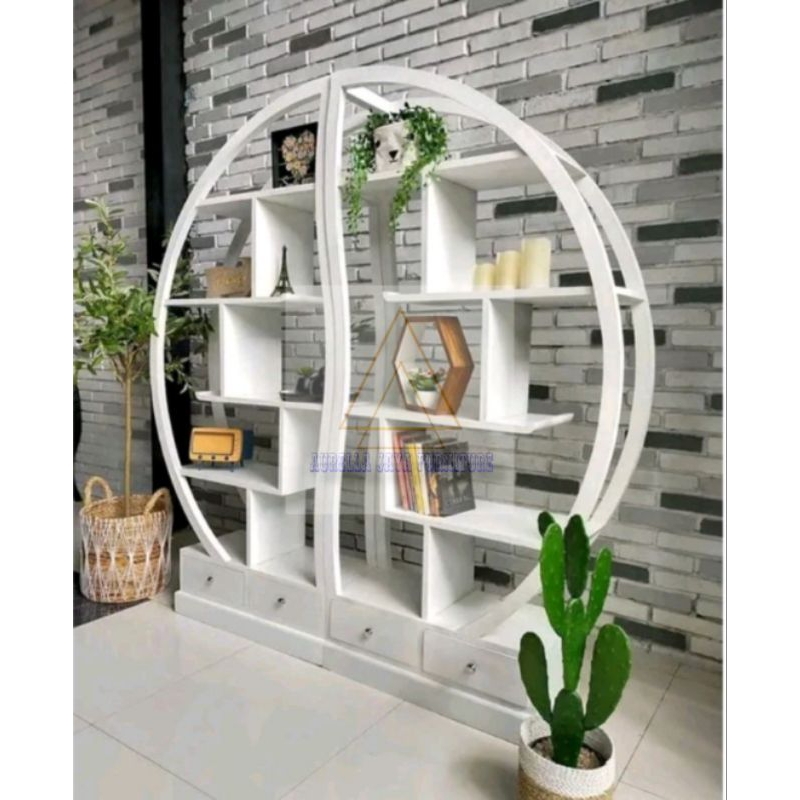 rak hias putih kayu jati / lemari pajangan putih kayu jati / rak buku putih murah