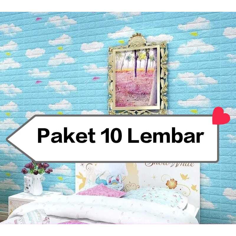 PROMO PAKET 10 LEMBAR Wallpaper Dinding 3D Foam MOTIF Bata Awan Biru 70 x 77cm