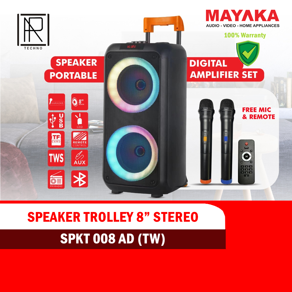Speaker portable bluetooth trolley 8 inch double super bass besar karaoke mic wireless Mayaka SPKT 0