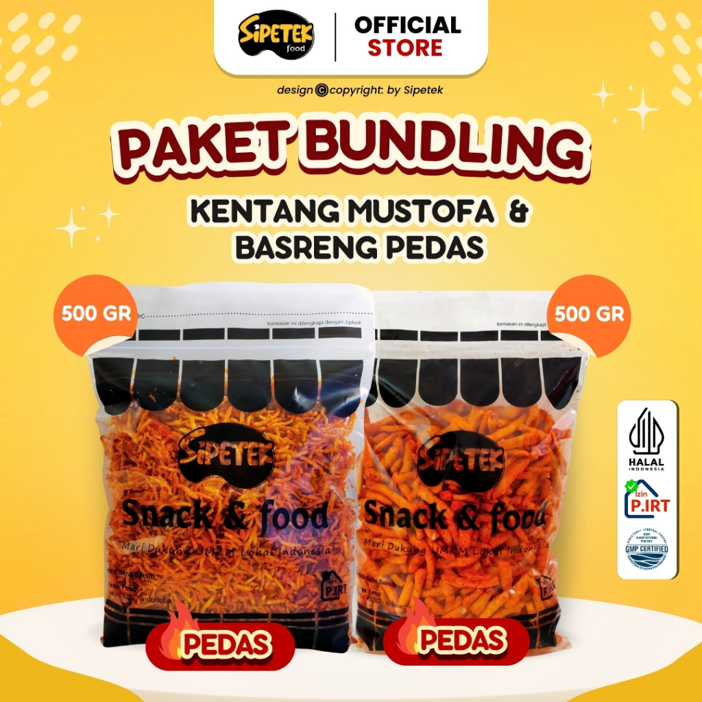 

Bundling 500gr Kentang Mustofa & 500gr Basreng Sipetek