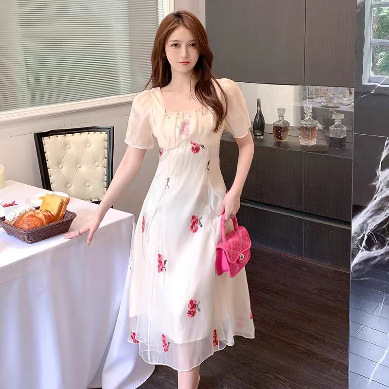 FAN Gaun ramping leher persegi retro pinggang tinggi Perancis/long dress korea/dress pesta wanita