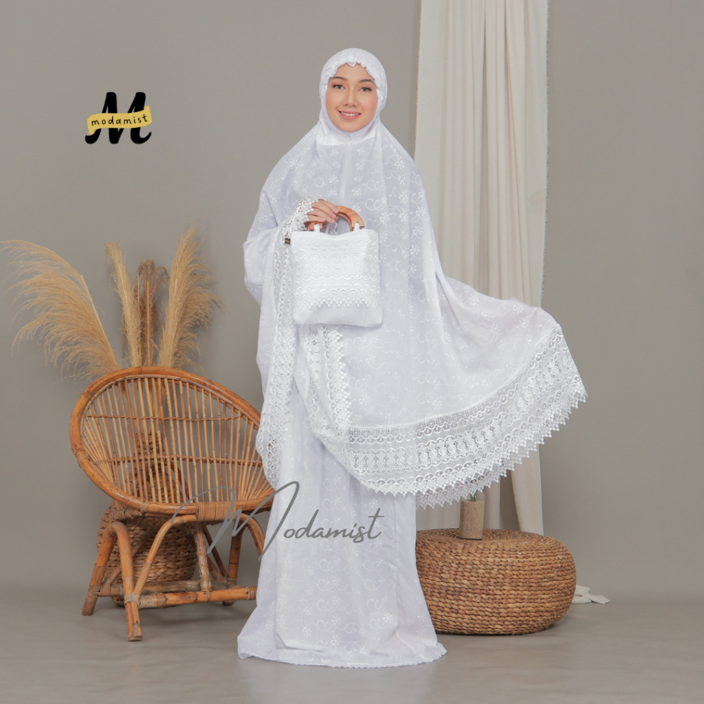 Mukena Dewasa Katun Paris Bordir Putih Jumbo Renda Mewah