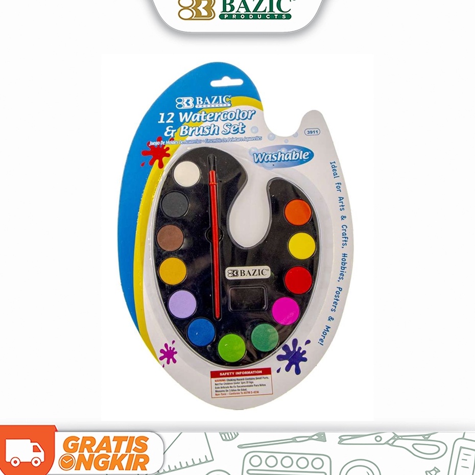 

Free Shipping Bazic Watercolor Paint Cake 12 Colors w Palette Cat Air Padat 12 Warna