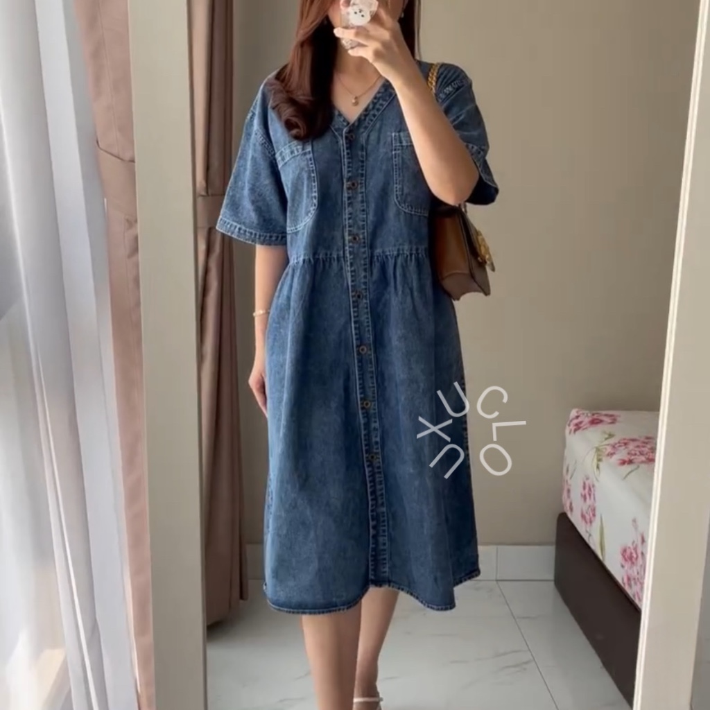 LO0 Uxuclo Dress Buttons Pocket Wanita Matt Denim Jeans Premium Lengan Pendek/Dres Denim Wanita
