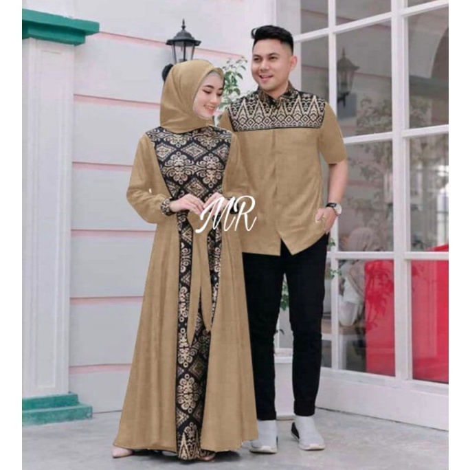 ART F59J Gamis Batik Kombinasi Polos Terbaru 222 Modern Couple Baju Muslim Pasangan Berkualitas Mura
