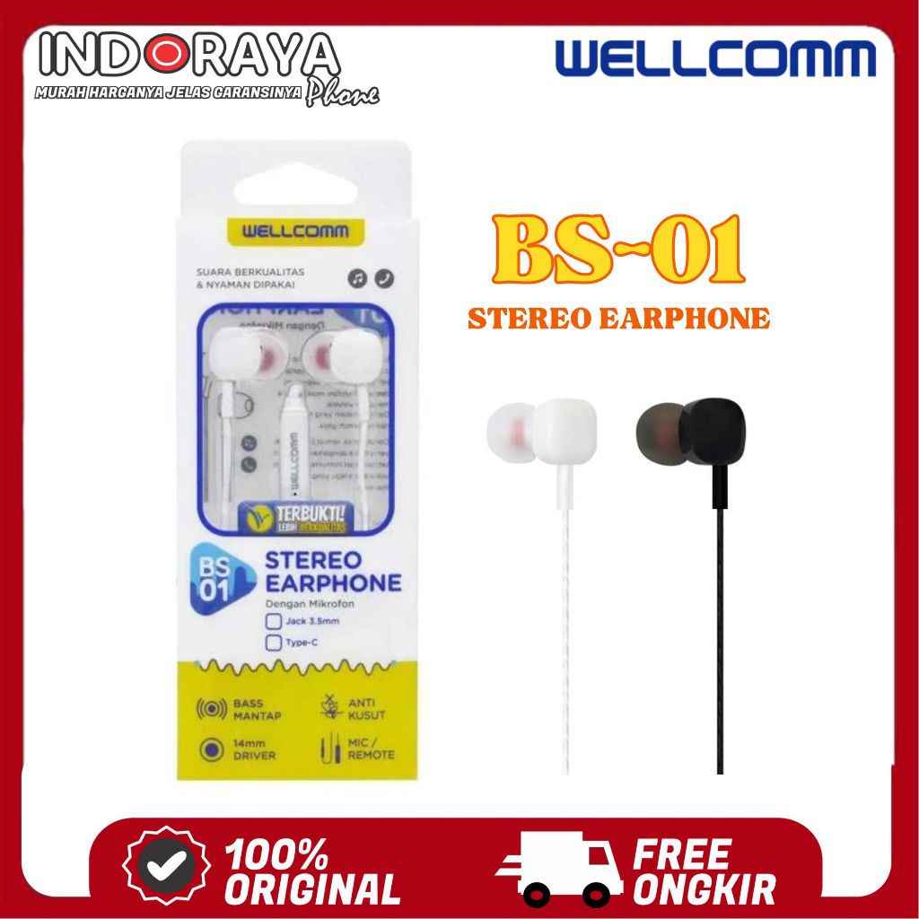 Wellcomm BS-01 HF Stereo Headset Handsfree Earphone Kabel Wired Audio Musik Jack 3.5MM BS01 | Origin