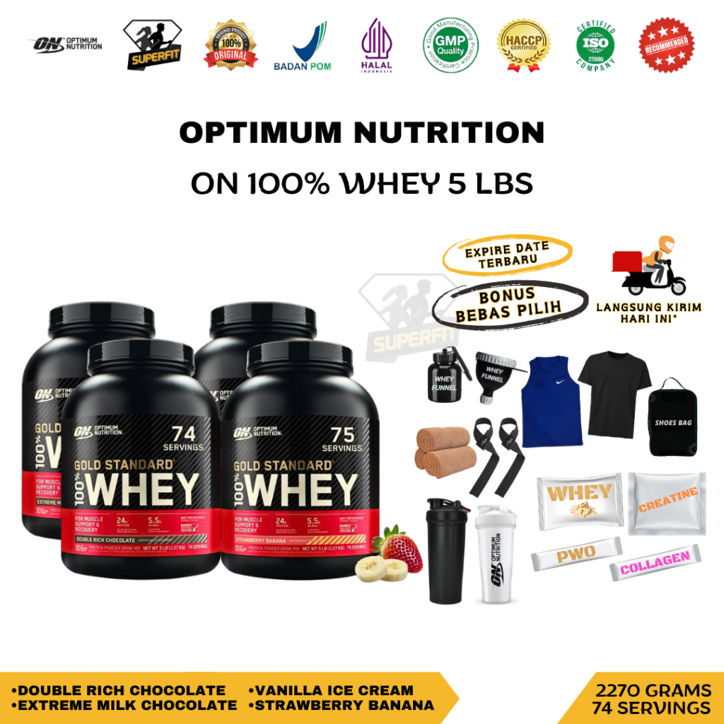 Optimum Nutrition ON Whey Gold Standard 5 Lbs 5LB 2,3KG Coklat Chocolate Vanilla Strawberry Banana 1