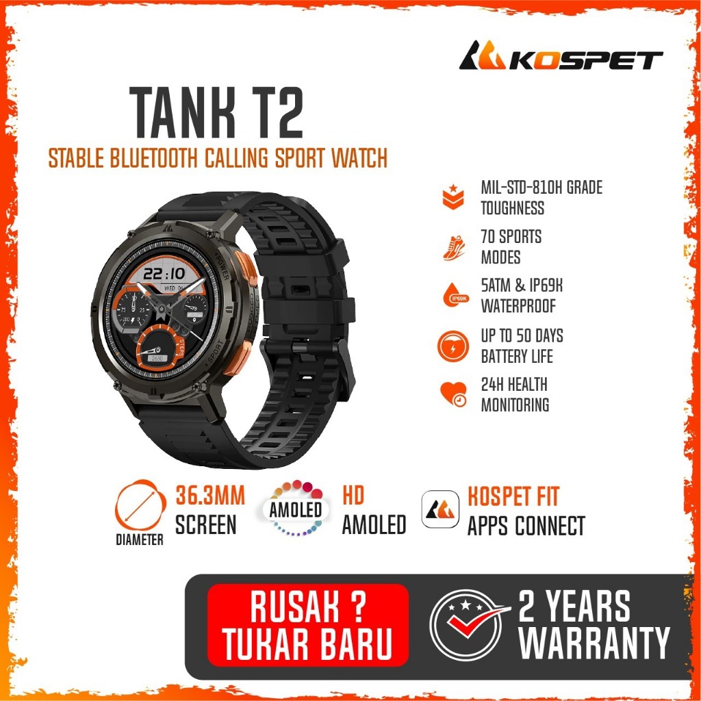 Kospet Tank T2 Bluetooth Calling Smartwatch Amoled Jam Tangan Pria Jam Tangan Pintar Waterproof SPO2