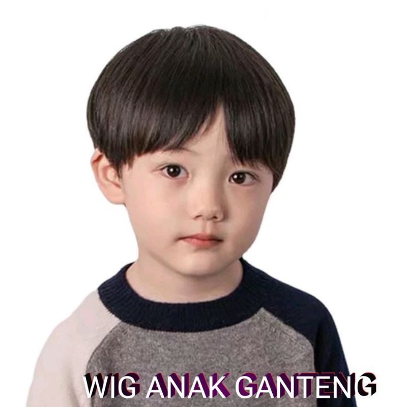 Wig Anak Pria Rambut Pendek Poni Warna Hitam Rambut Palsu Anak Laki-laki Lucu & Ganteng