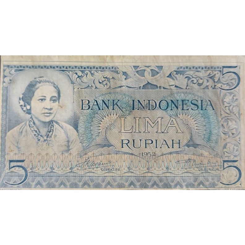 Uang Kuno Indonesia 5 Rupiah Seri Budaya Tahun 1952 Original 1 Kondisi Kertas Masih Bagus KODE Q4A3