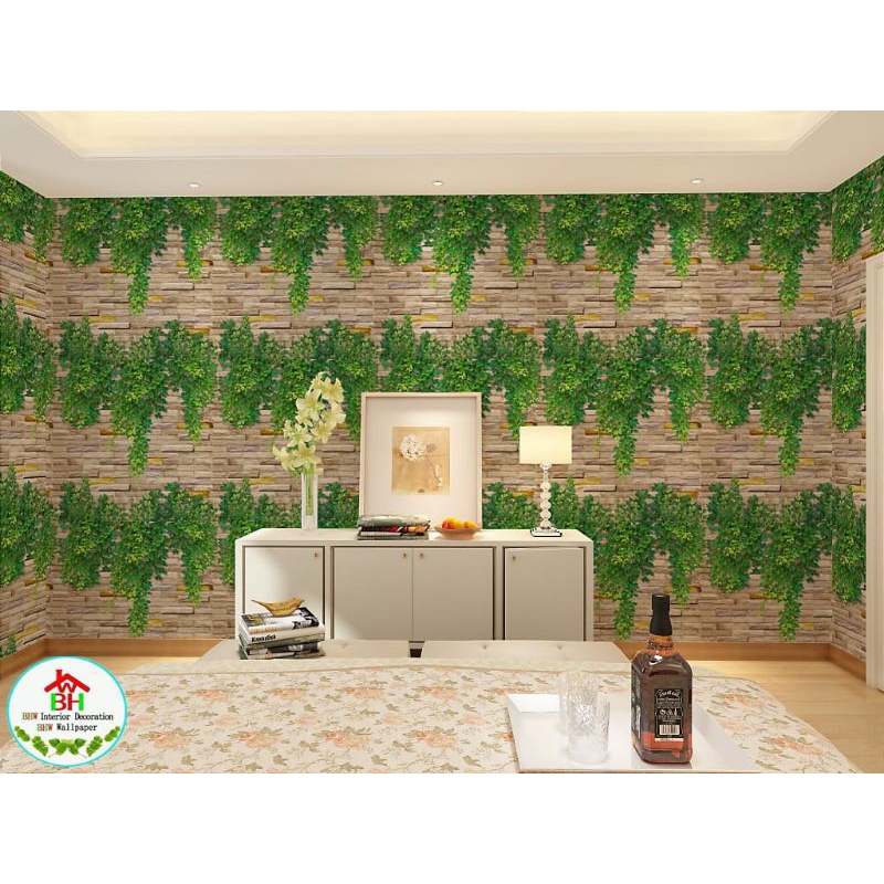Wallpaper Stiker Dinding Motif Bata Coklat Daun Hijau Merambat Mewah Premium Modern