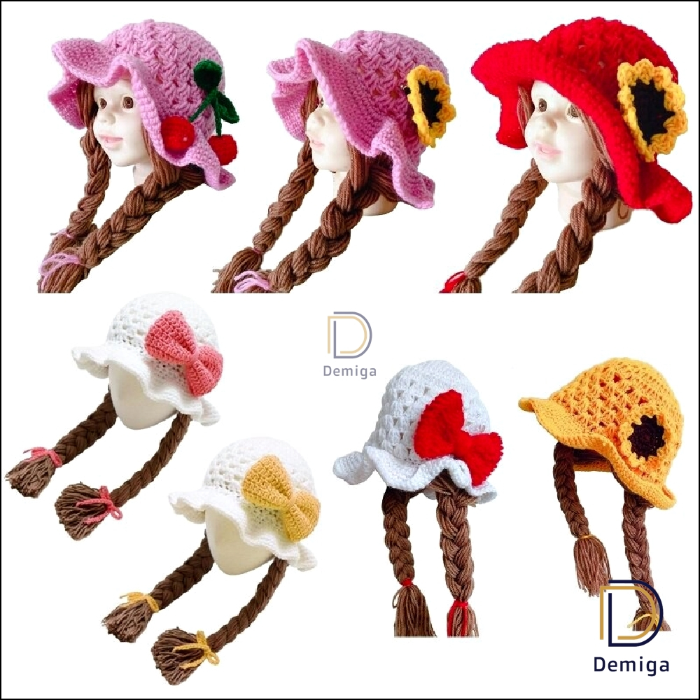 Topi Bayi Anak Perempuan Rajut Lucu Rambut Kepang Murah Motif Bunga Pita Umur 6 12 Bulan 1 2 Tahun b