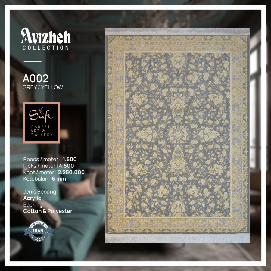 Karpet Lantai Jumbo Tebal Premium Iran Avizheh A002 Grey Yellow 300x400
