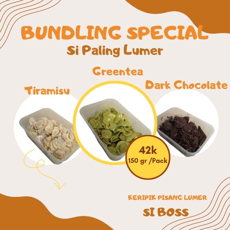 

keripik pisang lumer paket 3 rasa Greentea,tiramisu & dark Chocolate ,150gr/pack