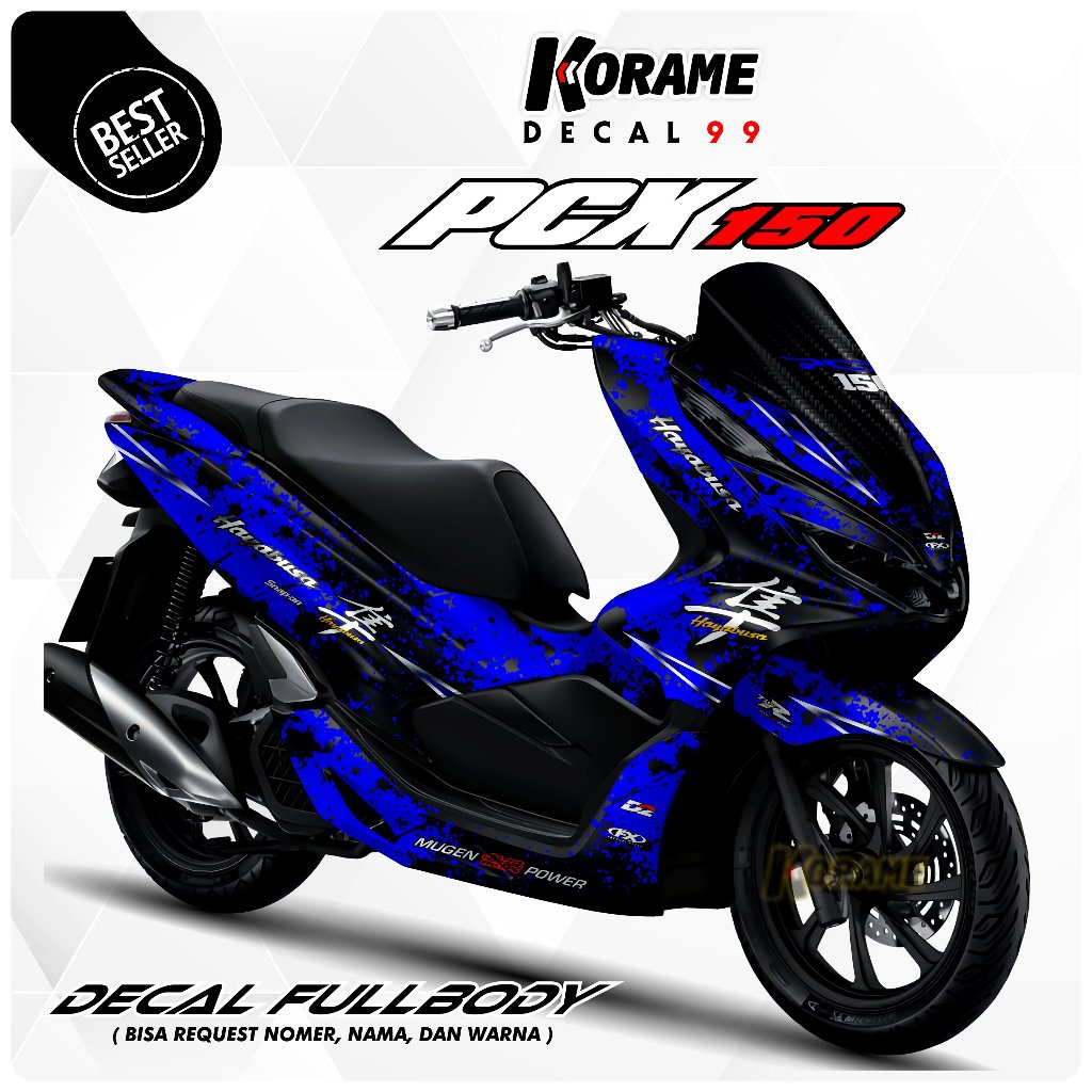 Stiker Decal PCX 150 - Stiker Variasi Motor PCX 150 Motif Hayabusa Warna Hitam Biru Full body