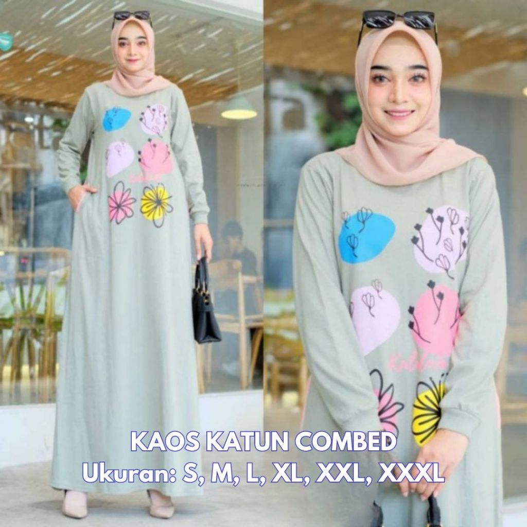 Baju Gamis Wanita Pepita Maxy Dress BO Bahan Kaos Katun Combed Baju Kaos Sablon Oversize Lengan Panj
