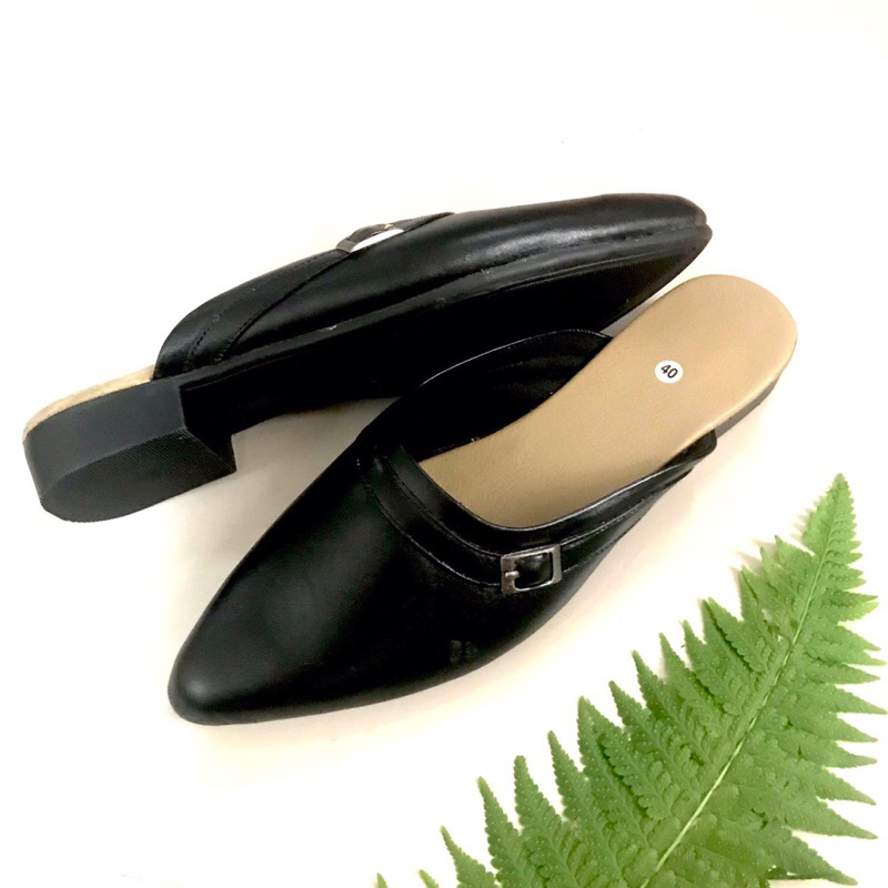 SANDAL SELOP KULIT ASLI WANITA/ SELOP HITAM HAK 3 CM KULIT SAPI