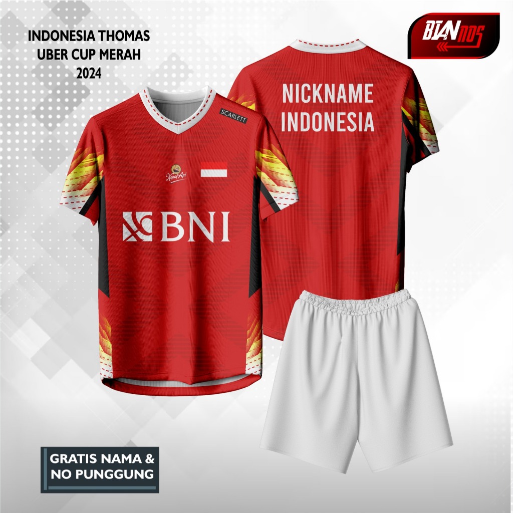 JERSEY BADMINTON INDONESIA  MERAH THOMAS CUP DAN UBER CUP 2024 FULL PRINTING (GRATIS CUSTOM NAMA DAN