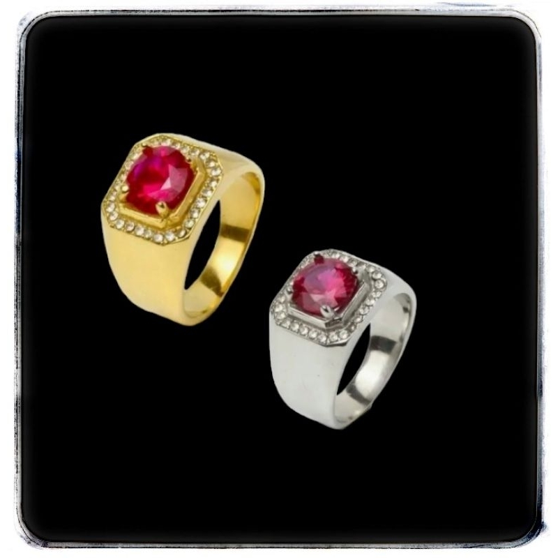 Cincin Titanium Pria Wanita Ring Polos Batu Merah