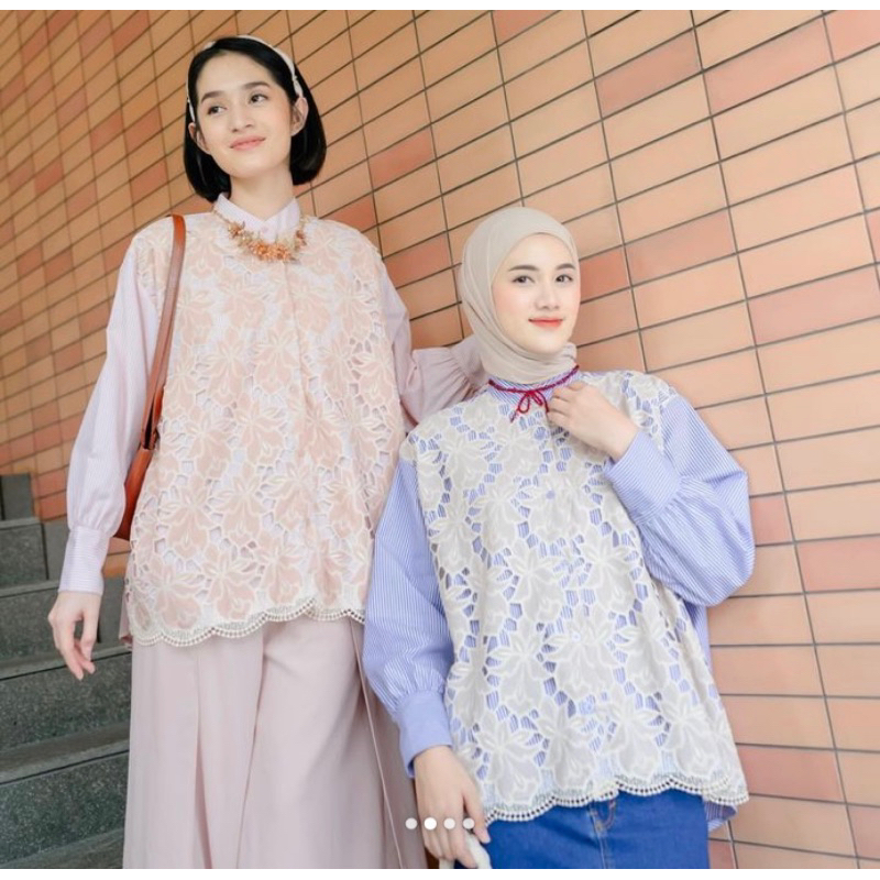 CLAIR MOOI TOP BLOUSE KEMEJA BORDIR PRADA LACE PREMIUM SALUR STRIPE NAVY CREAM NUDE SOFT PINK YELLOW