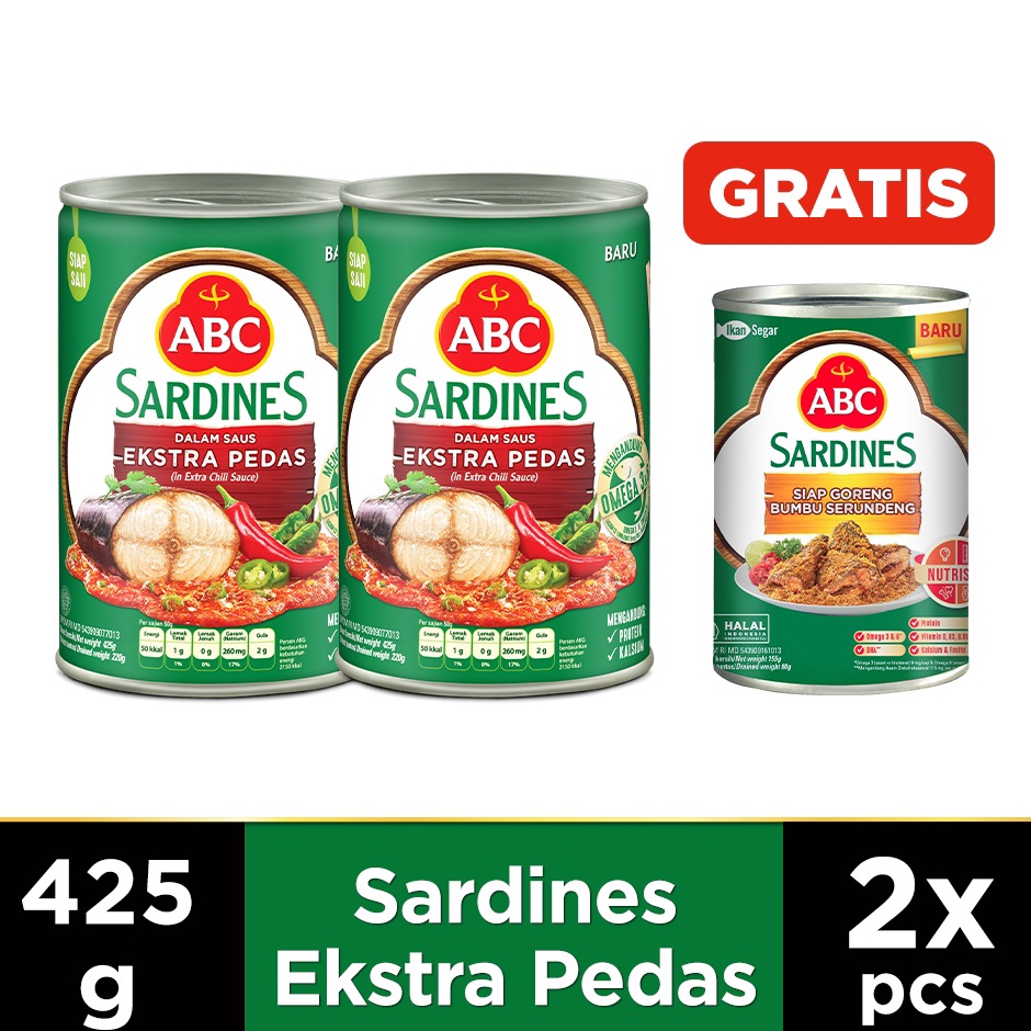 

Deals ABC Sarden Extra Pedas 425g 2pcs Free Sarden Siap Goreng Bumbu Serundeng 155 g